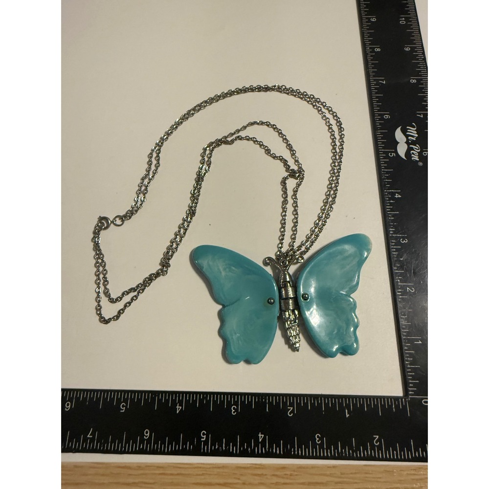 Turquoise Blue Butterfly‎ Pendant Necklace Silver Tone Marbled Resin Statement